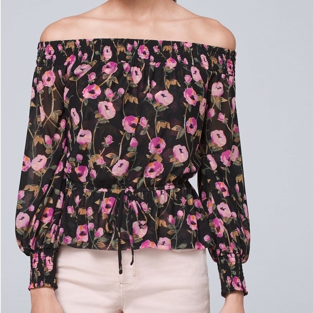 SEXY White House Black Market mesh off shoulder top WORN ONCE black rose *SPRING